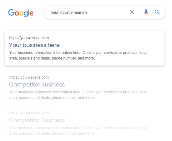 Local business SEO. Organic search results. Get on page 1 of google.
